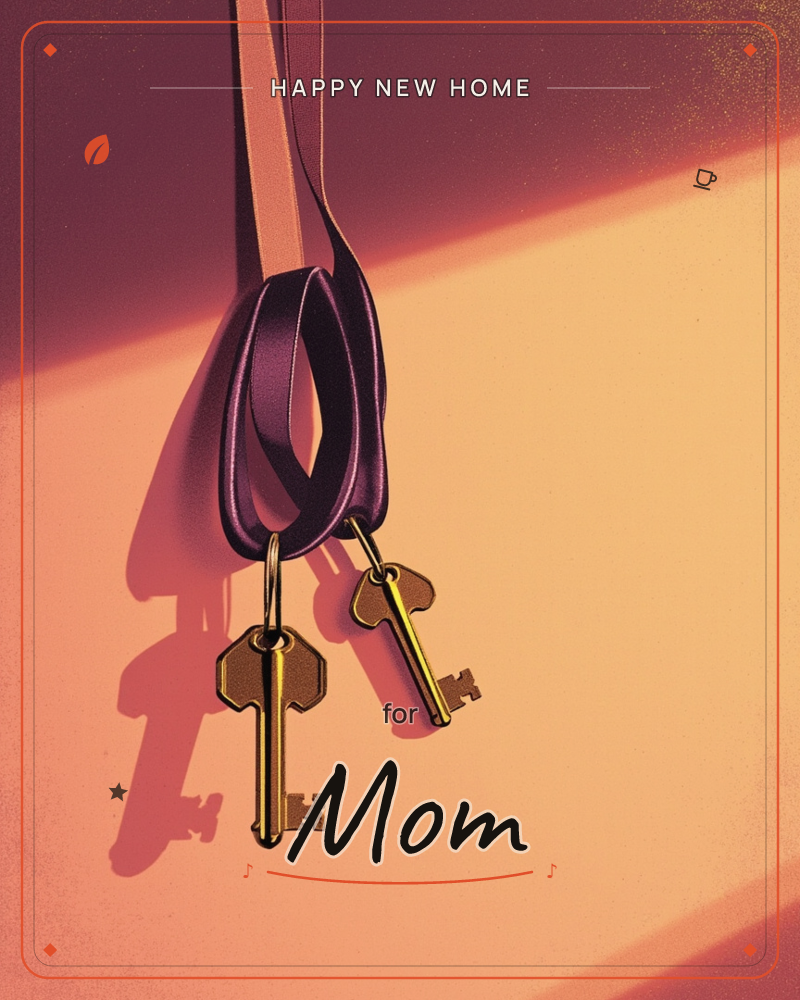 Two brass keys hang from a looped purple ribbon against a warm gradient background of deep plum fading into amber and dusky rose, a new home e-card design