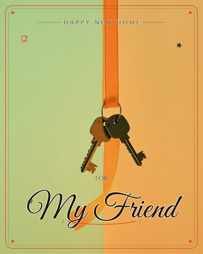 Two keys hang from a metal ring on a length of orange ribbon, suspended against a background split between soft sage green and warm amber light, a new home e-card design