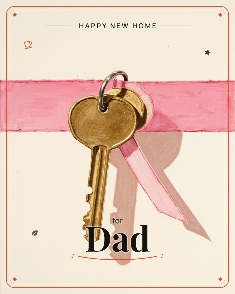A single brass key with a heart-shaped bow hangs from a silver ring, threaded onto a wide pink ribbon that stretches across a pale cream background, a new home e-card design