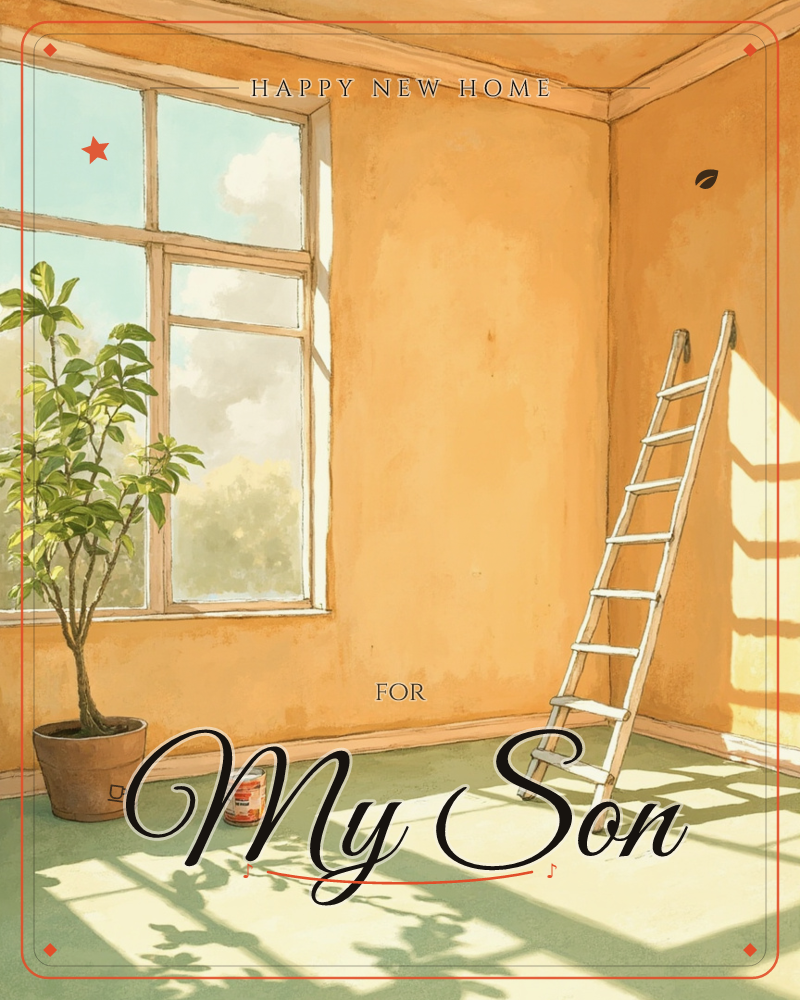 A sunlit empty room mid-renovation, with mustard-yellow walls freshly painted, a wooden ladder leaning against the corner, and a potted plant catching…, a new home e-card design