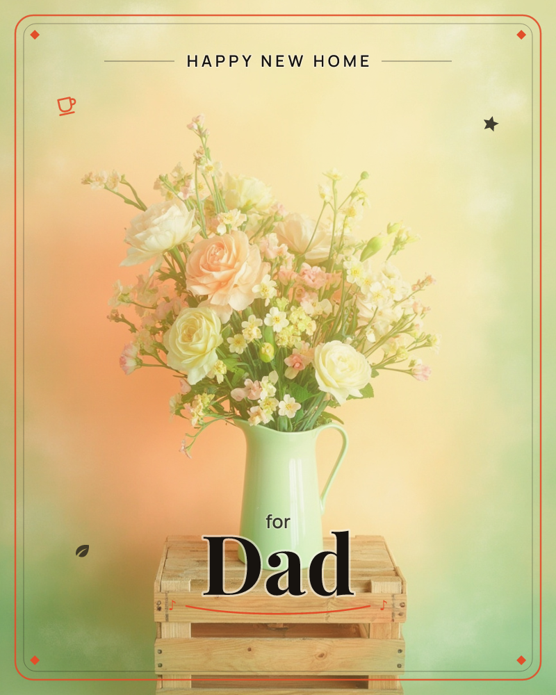 A pale mint-green jug brimming with cream and peach roses, small yellow blossoms and sprays of tiny pink buds sits on a rustic wooden crate, a new home e-card design