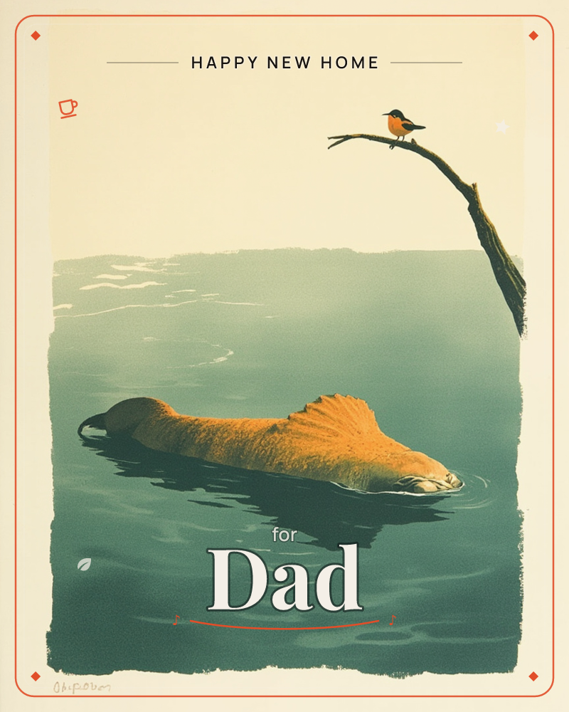 A print-style illustration shows a large, sleeping otter-like creature floating half-submerged in calm teal water, its ridged orange back breaking the…, a new home e-card design