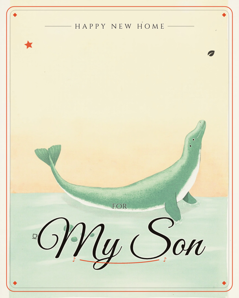 A pale green whale-like creature arches gracefully out of soft mint water, chin lifted toward a warm cream and peach sky, a new home e-card design