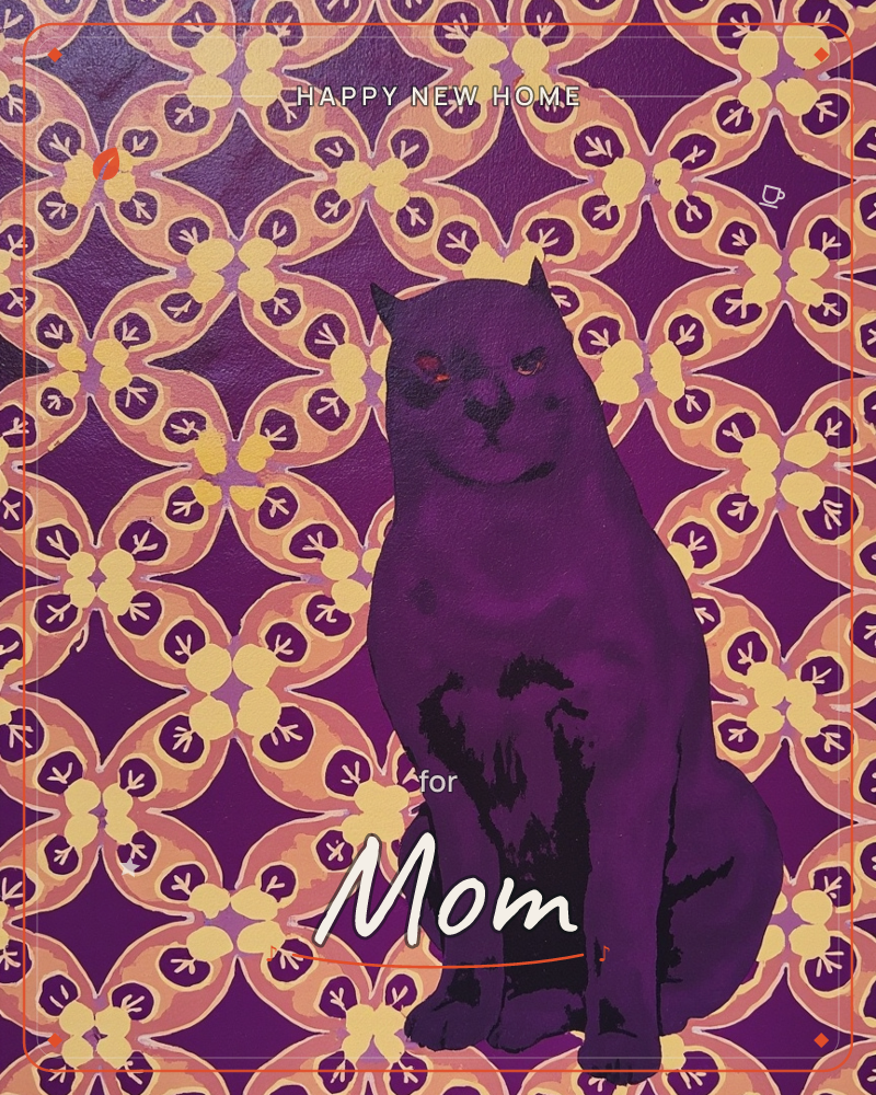 A regal purple cat sits bolt upright against a dense, repeating floral trellis pattern in gold and rose, its dark silhouette almost merging into the…, a new home e-card design