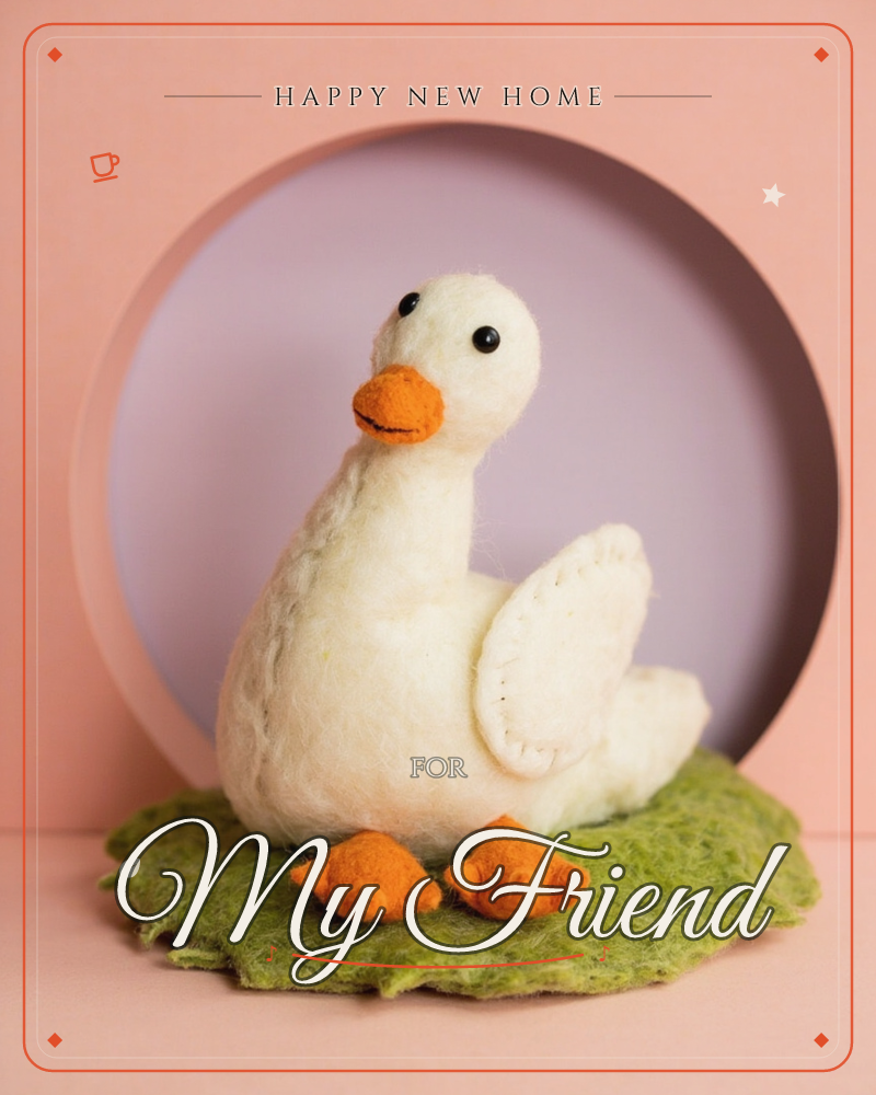 A felted white goose sits atop a tuft of green felt grass, its orange beak and webbed feet stitched in bright contrast, framed by a lilac circular…, a new home e-card design