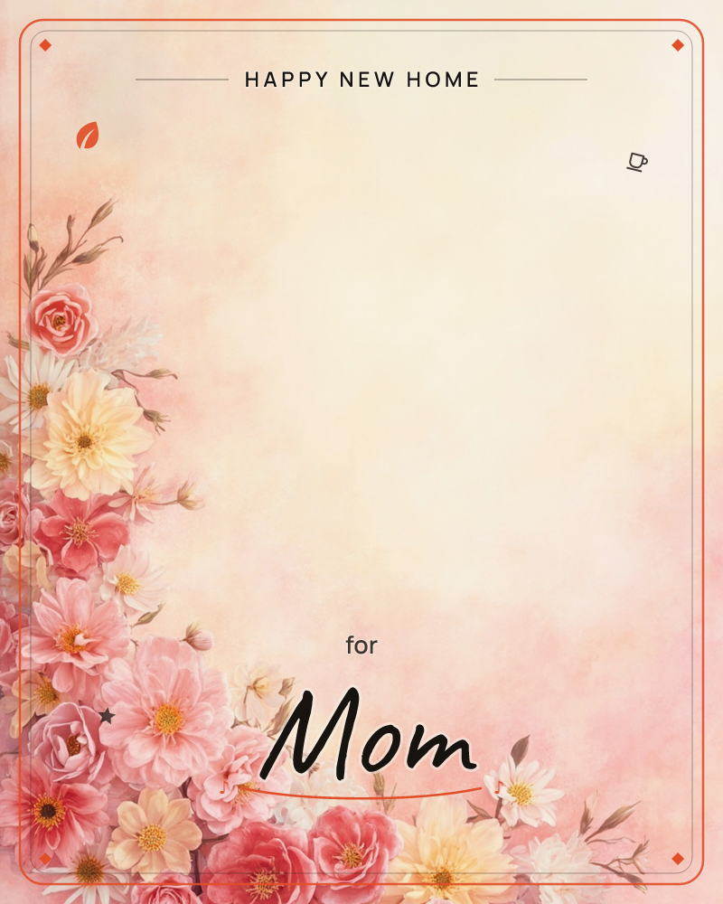 A soft cascade of roses, dahlias, and daisies spills along the left and bottom edges in shades of blush pink, coral, and cream, framing a warm, sunlit…, a new home e-card design