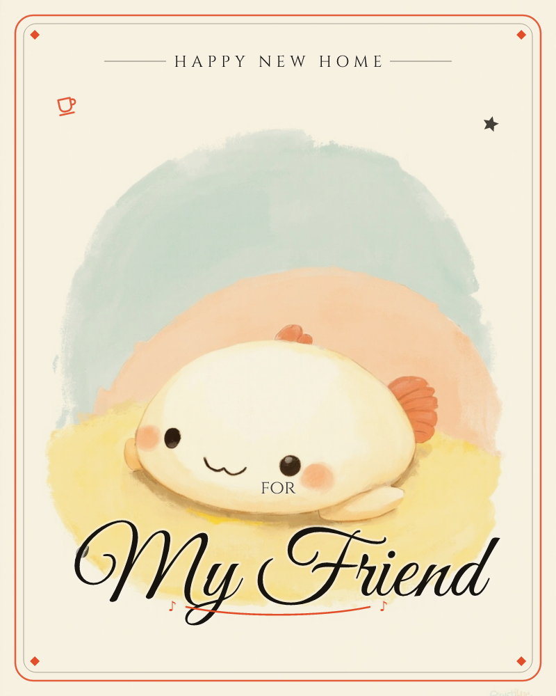 A round, blobby cream-coloured creature with tiny black eyes, rosy cheeks and small coral fins lies flat against a soft painted backdrop of overlapping…, a new home e-card design