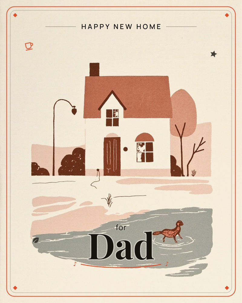 A small terracotta-roofed cottage sits on a quiet street with a lamppost and bare tree, its windows glowing pale pink against a soft cream sky, a new home e-card design