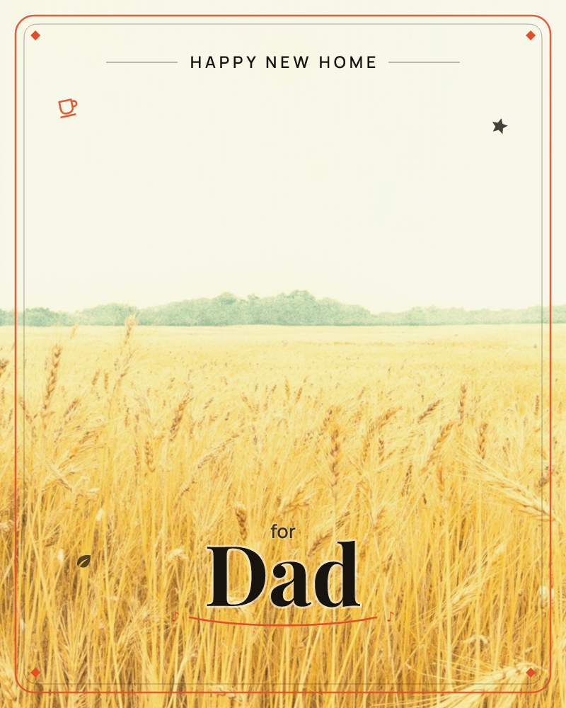 A wide golden wheat field stretches to a faint line of trees on the horizon, under a pale, hazy sky, a new home e-card design