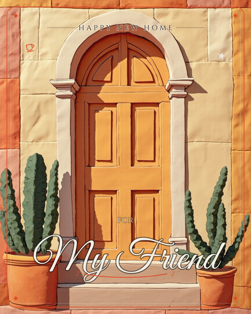 An arched wooden door glows amber under strong sunlight, framed by a chalky white surround set into a patchwork of ochre and terracotta stone, a new home e-card design