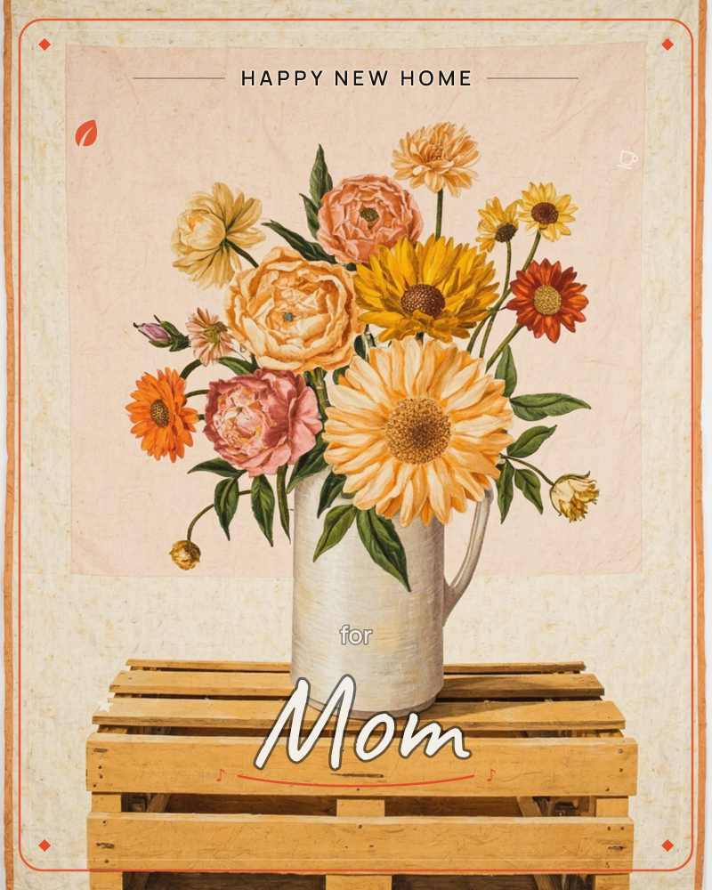 A tall white pitcher overflows with a hand-painted bouquet of peonies, sunflowers, dahlias and daisies in warm gold, coral and rust tones, set against…, a new home e-card design