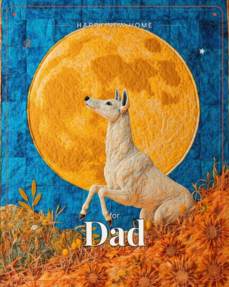 A quilted textile artwork shows a pale deer rearing up on a rocky hillside, muzzle lifted toward a huge golden full moon set against a deep blue tiled sky, a new home e-card design