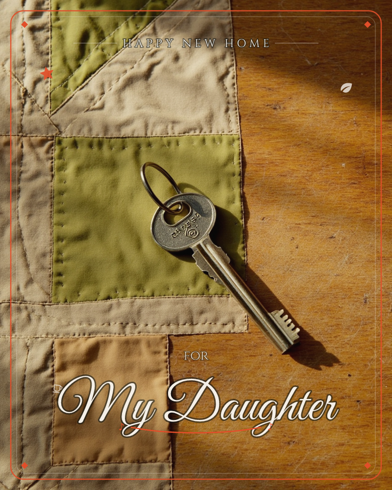 A single old-fashioned key with a round ring rests on a patchwork quilt of olive, tan, and mustard squares, half spilling onto a sun-warmed wooden table, a new home e-card design