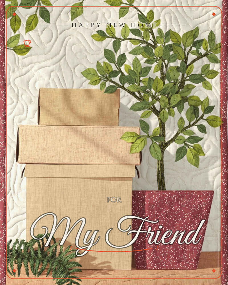 A quilted-fabric still life shows a stack of plain linen-textured boxes beside a potted tree with bright green leaves, set against a swirled cream…, a new home e-card design