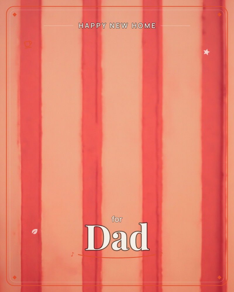 A pattern of hand-painted vertical stripes in coral red runs down a soft peachy-pink background, the edges of each band slightly uneven and feathered…, a new home e-card design