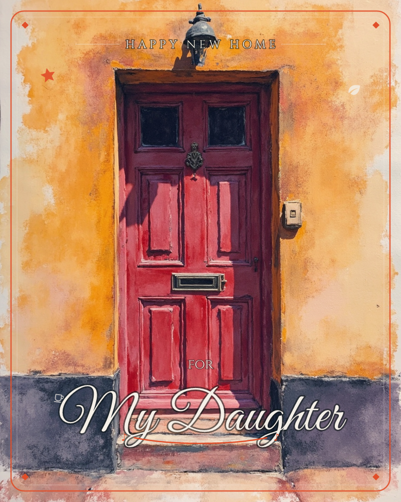 A weathered red-painted door sits framed in a mustard-yellow, sun-bleached wall, with a black lantern mounted above and a small intercom panel to the side, a new home e-card design
