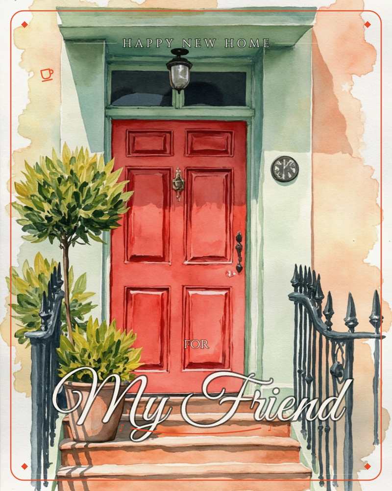 A watercolour painting of a classic townhouse entrance, with a glossy red panelled door set beneath a black lantern and framed by soft sage-green trim, a new home e-card design