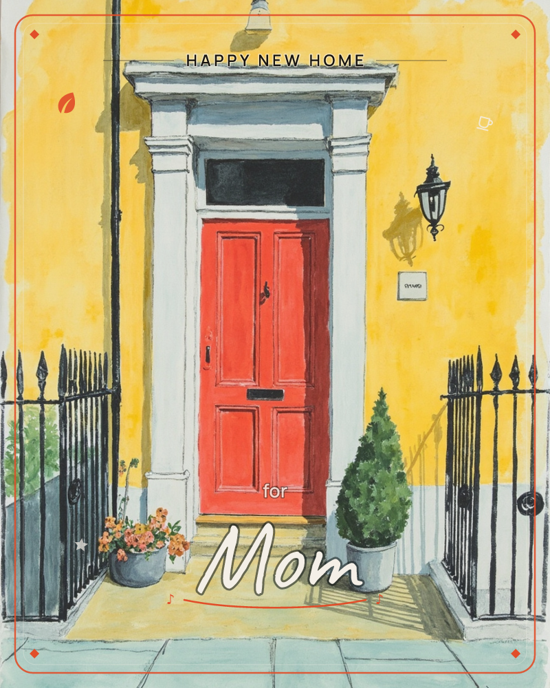 A red panelled front door sits framed in white stonework against a sunlit mustard-yellow townhouse facade, a new home e-card design