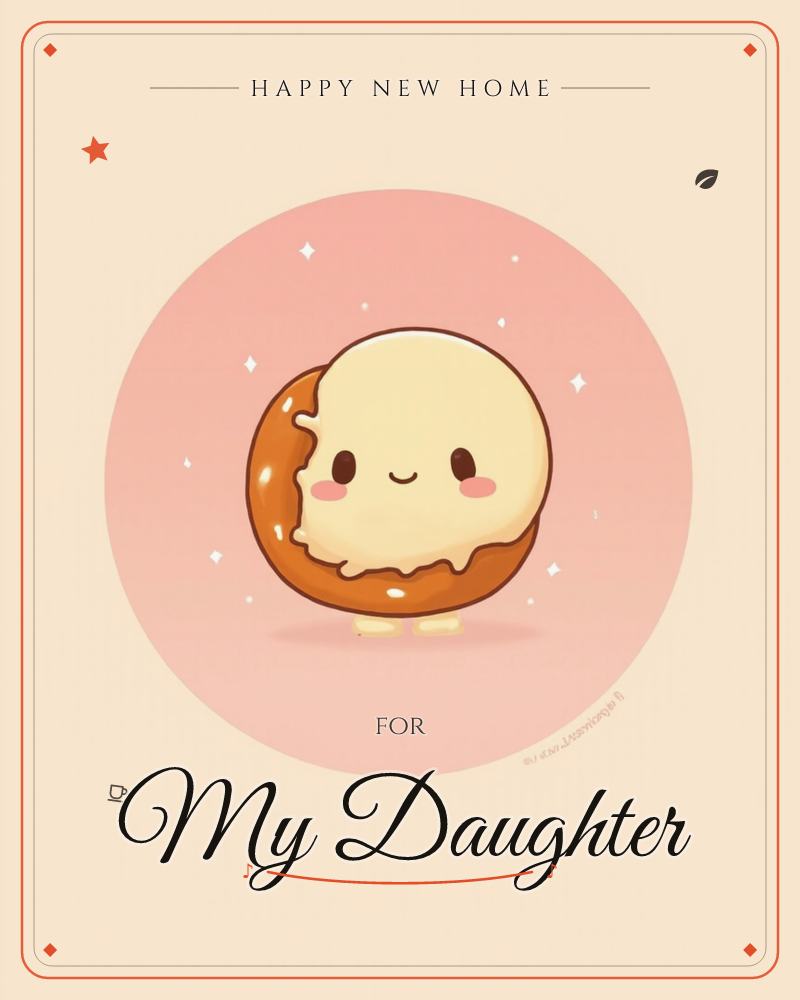 A round pastry character with a glossy caramel-brown shell and a swirl of cream-coloured filling sits smiling on tiny legs, set inside a soft pink…, a new home e-card design
