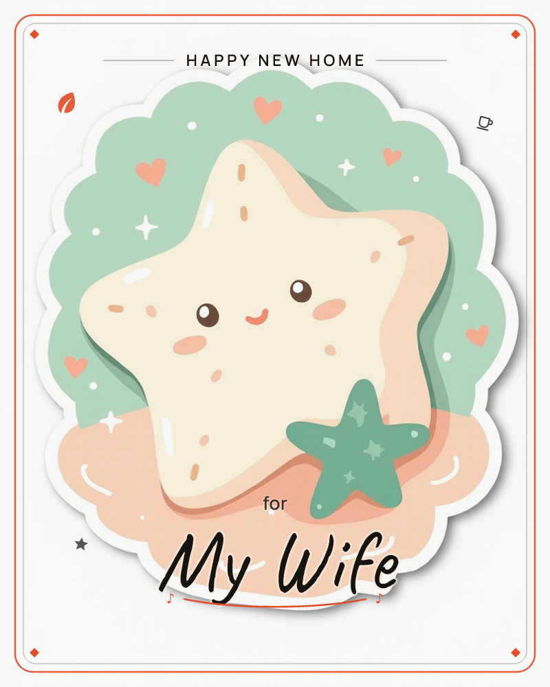 A cream-coloured cartoon star with a rosy-cheeked smiling face sits beside a small teal starfish, both resting on a soft peach cloud shape against a…, a new home e-card design