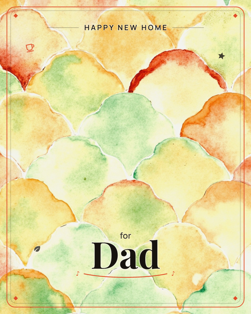 Overlapping scalloped shapes fan out across the page like fish scales or roof tiles, each one washed in a different watercolour tone from mustard…, a new home e-card design