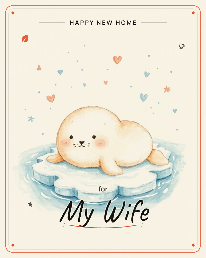 A round, rosy-cheeked baby seal lies contentedly on a small floating ice floe, its flippers draped over the edge, a new home e-card design