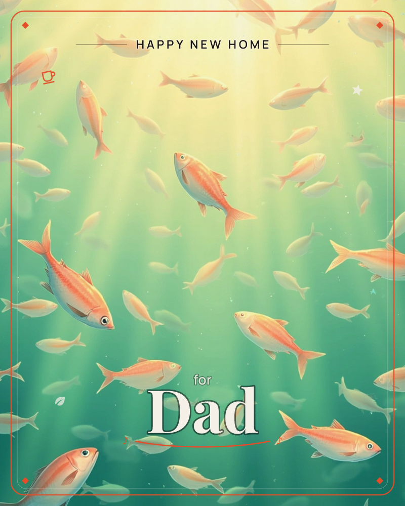 Sunlight pours down through greenish underwater depths, illuminating a scattered school of coral-orange fish drifting among their paler, hazier companions, a new home e-card design
