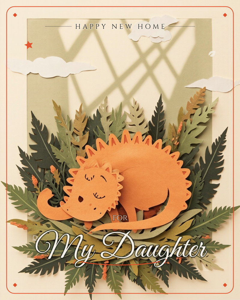A paper-craft orange dinosaur curls up asleep in a nest of layered fern leaves cut in shades of green and gold, its spiky back and closed eyes rendered…, a new home e-card design
