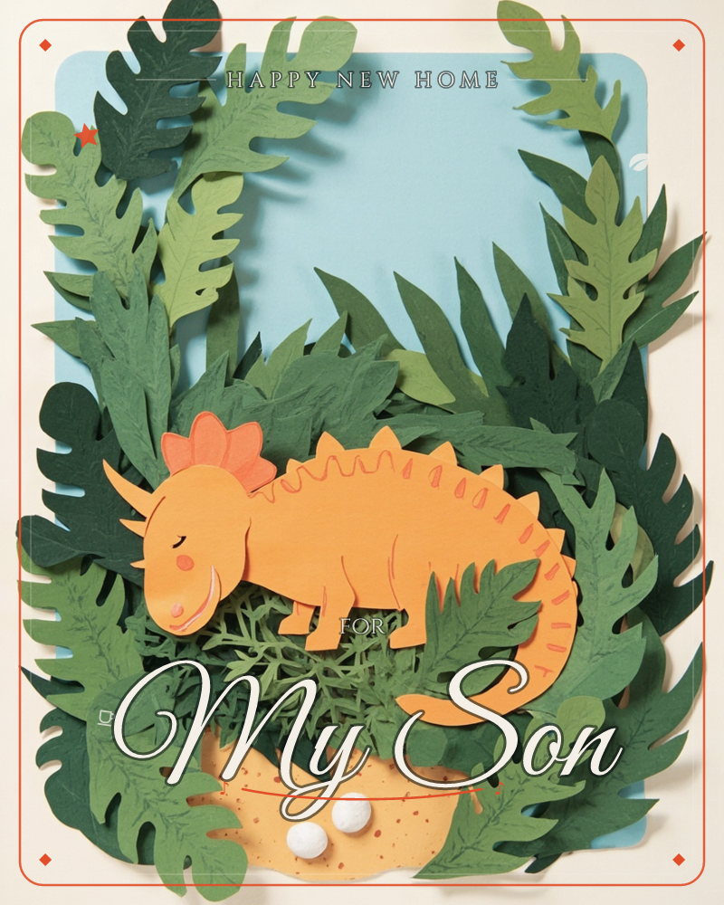 A cheerful orange dinosaur made of layered cut paper naps among a dense arrangement of paper ferns and jungle leaves, its rounded frill and…, a new home e-card design