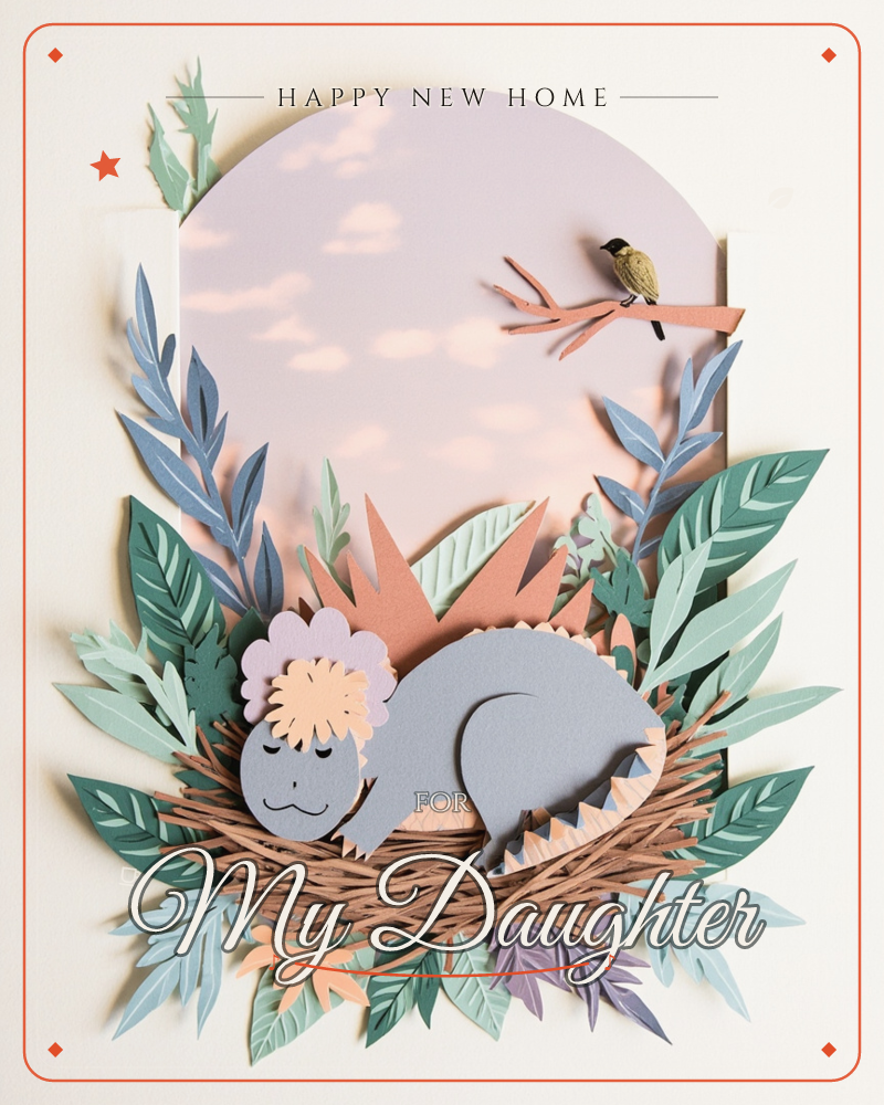 A paper-craft dinosaur curls up asleep in a woven nest, its frilled head resting gently against layered leaves in soft blue, coral and sage, a new home e-card design
