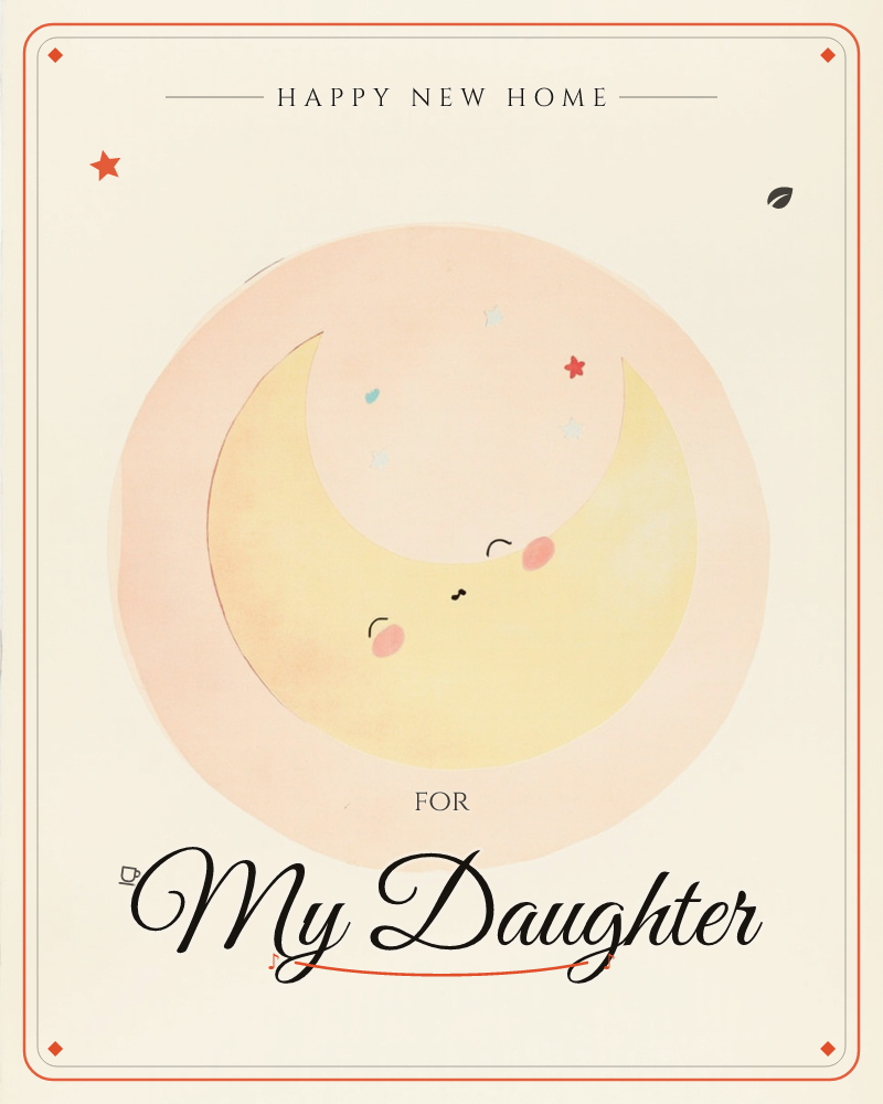 A soft yellow crescent moon with a rosy blushed cheek and closed, smiling eyes rests inside a larger pale pink circle, like a halo, a new home e-card design