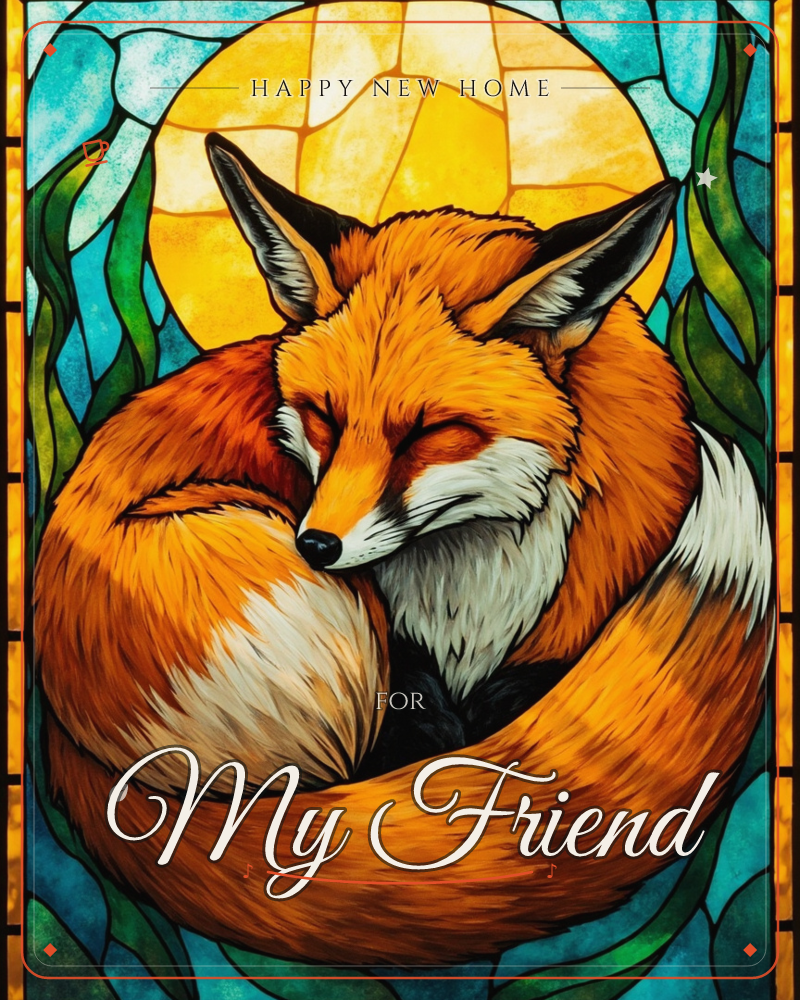 A red fox curls into a sleeping ring, nose tucked to tail, rendered in bold stained-glass panels with black leading between each shard of colour, a new home e-card design