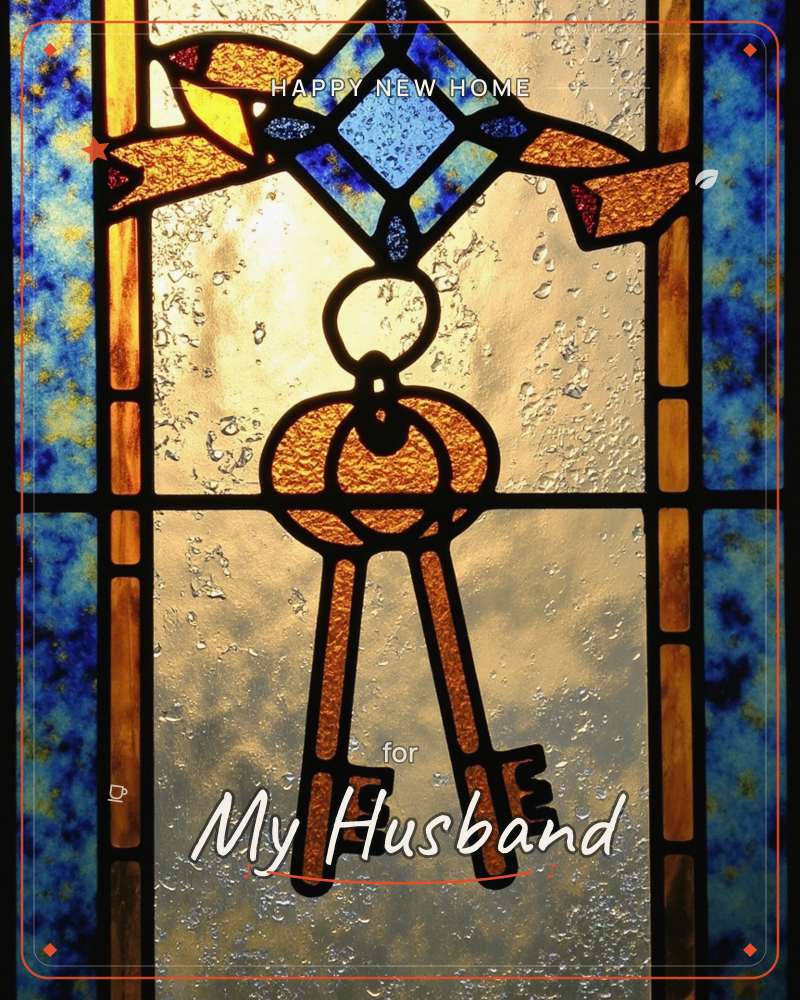 A stained-glass panel glows from behind with warm amber light, textured glass panes rippling like frosted water, a new home e-card design