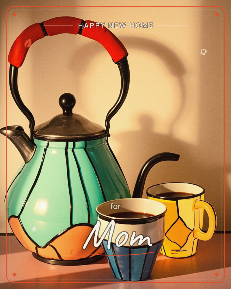 A mint-green enamel teapot with a red-wrapped handle stands beside a blue-and-white cup and a yellow mug, all filled with dark tea and glowing under a…, a new home e-card design