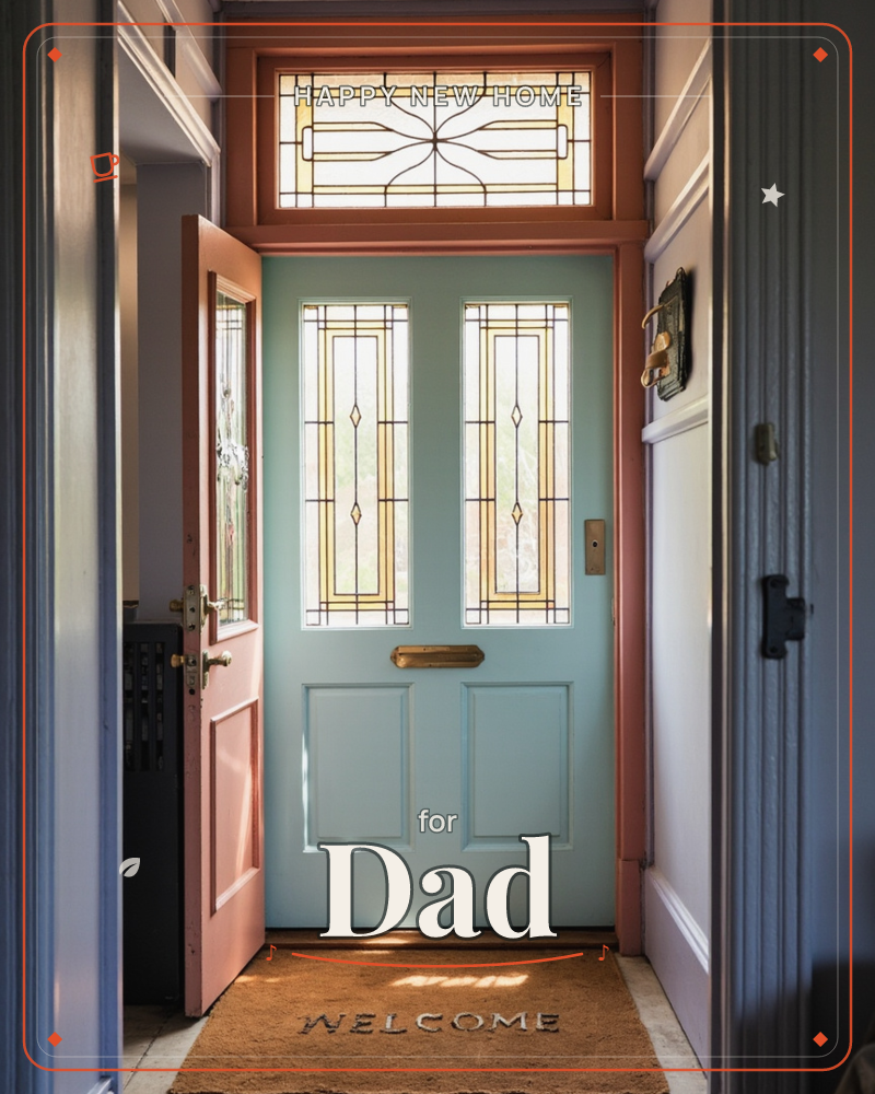 A pale blue front door stands open to a hallway, its stained-glass panels catching warm sunlight and casting soft coloured reflections onto the floor, a new home e-card design