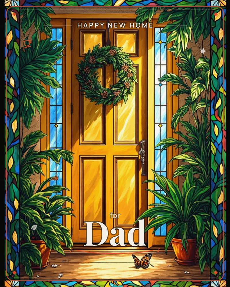 A golden-yellow front door stands framed by tall potted plants and trailing leaves, a green wreath hanging at its center, a new home e-card design