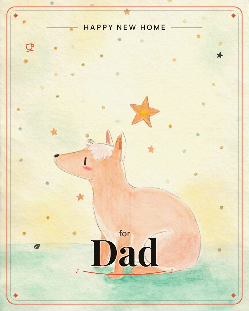 A soft peachy-orange fox sits on a mint-green patch of ground, tilting its face up toward a glowing star scattered among smaller stars and specks of gold, a new home e-card design
