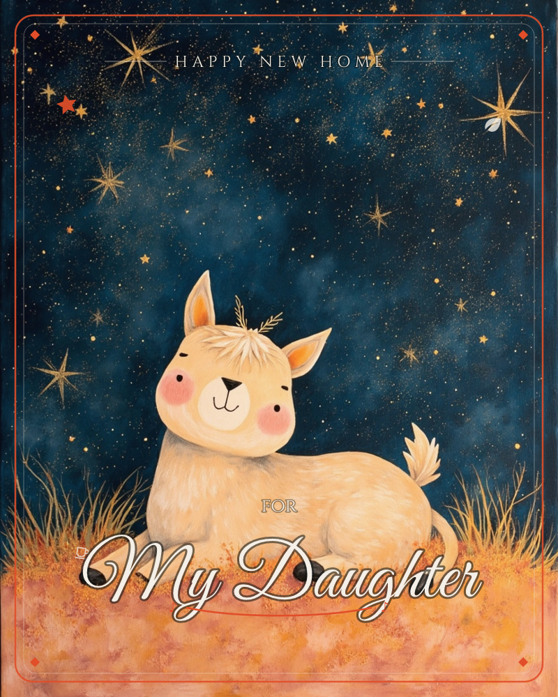 A cream-coloured baby llama with rosy cheeks lies curled on a golden, grassy hill beneath a deep navy night sky scattered with painted gold stars of…, a new home e-card design