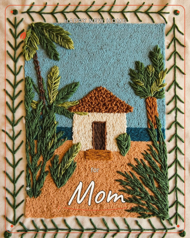 An embroidered coastal scene shows a small white cottage with a rust-orange thatched roof, tucked between palm trees on a sandy rise above the sea, a new home e-card design