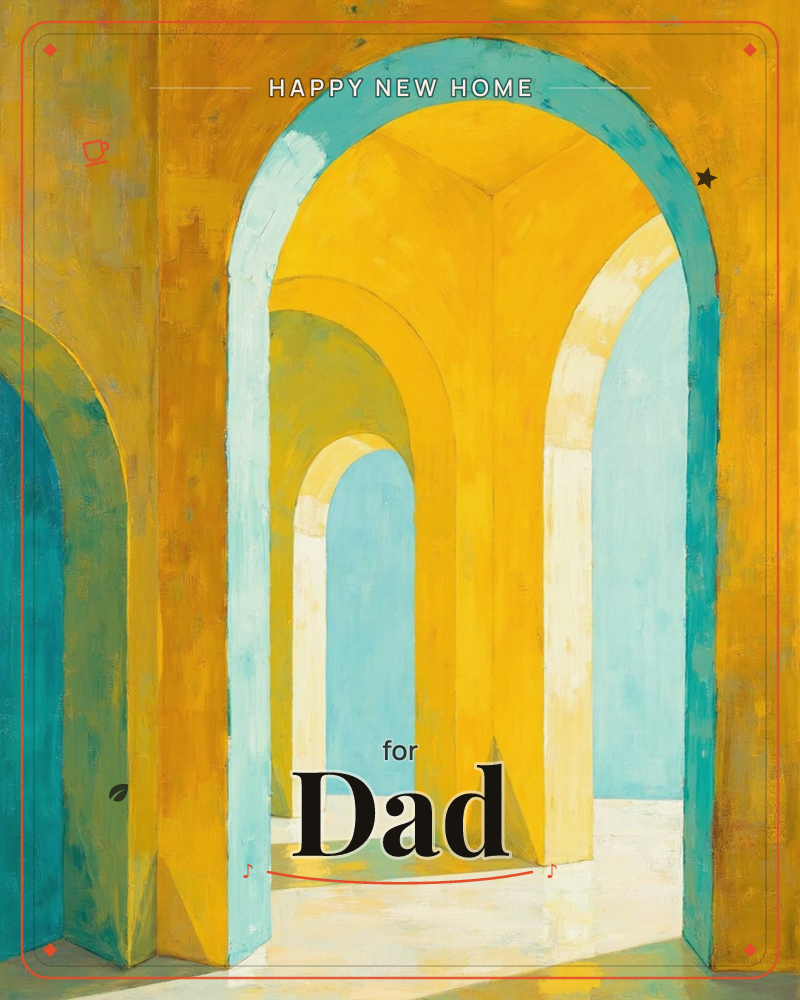 A sun-washed corridor of stacked archways painted in mustard yellow, receding one after another into a hazy turquoise distance, a new home e-card design