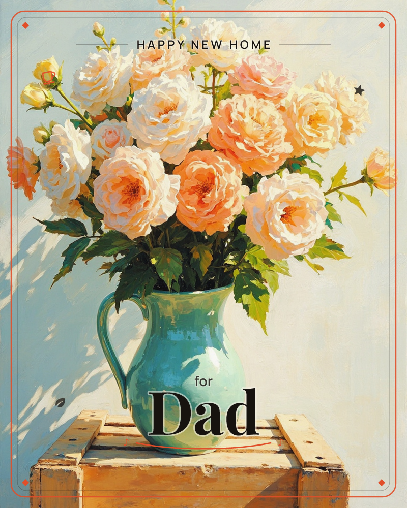 A glazed teal-green pitcher overflows with peach and cream roses in full bloom, set on a rustic wooden crate against a softly lit wall, a new home e-card design