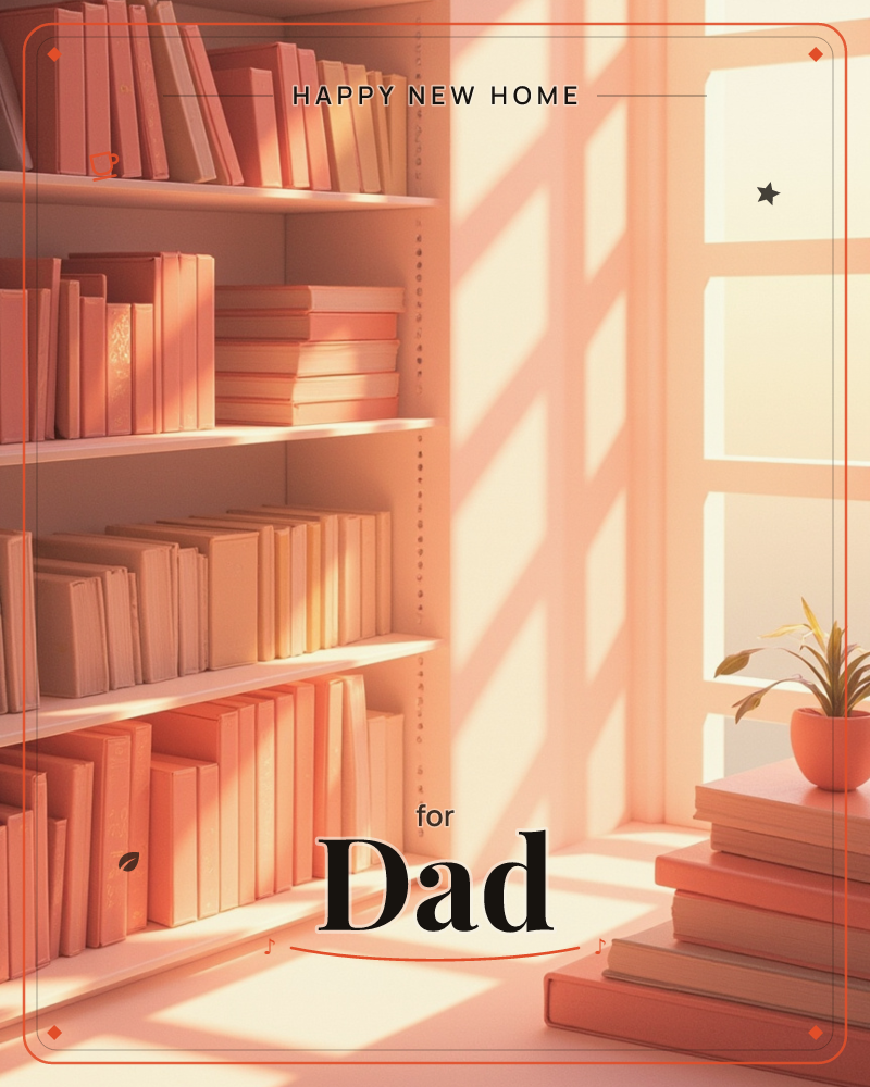 A cosy reading nook glows in warm afternoon light, with a tall bookshelf packed full of books rendered in soft peach and coral tones, a new home e-card design