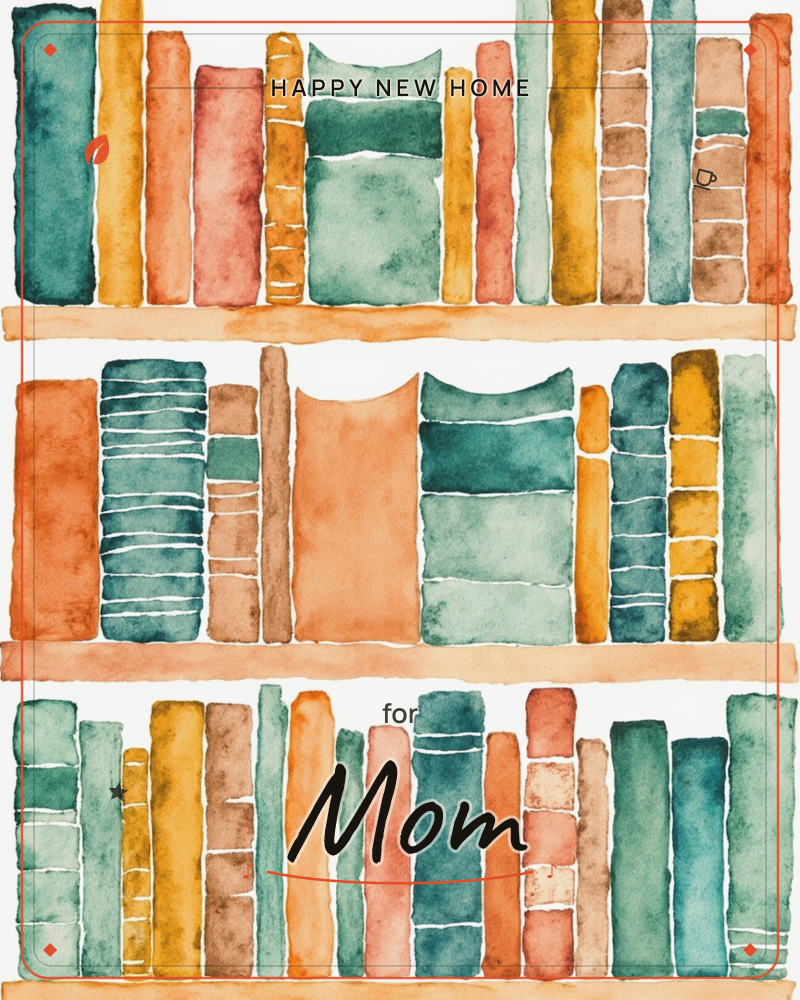 Three shelves packed edge to edge with watercolour books, their spines a mix of heights, widths and worn textures, a new home e-card design