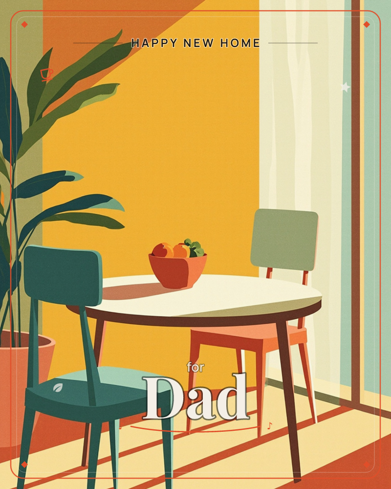A sunlit dining nook glows with mustard-yellow walls and a sheer curtain catching the afternoon light, a new home e-card design