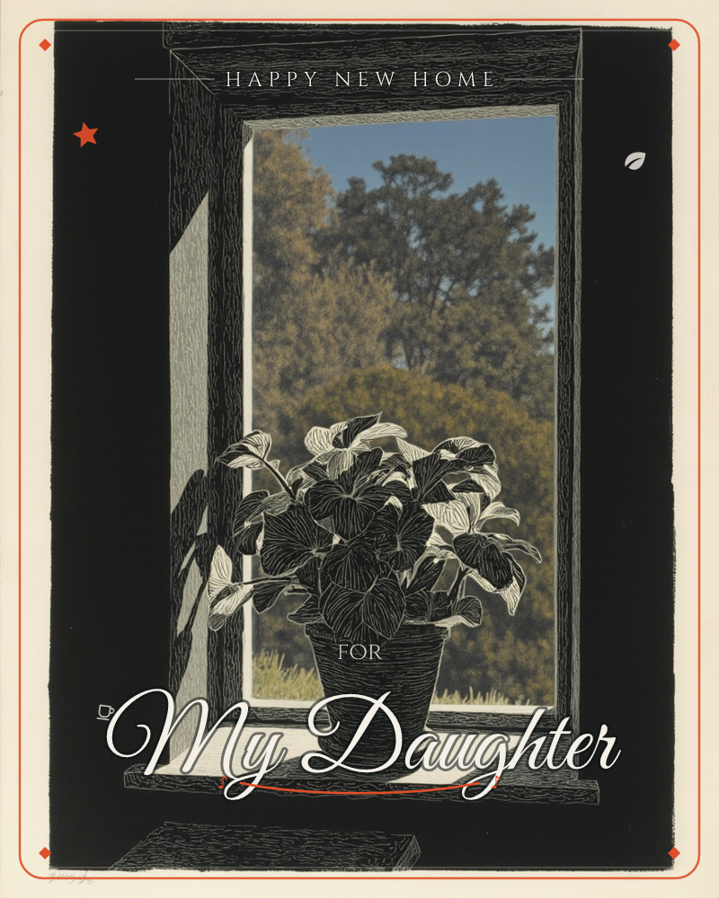 A woodcut-style print shows a leafy potted plant sitting on a deep windowsill, its striped leaves catching bright sunlight against the dark interior frame, a new home e-card design