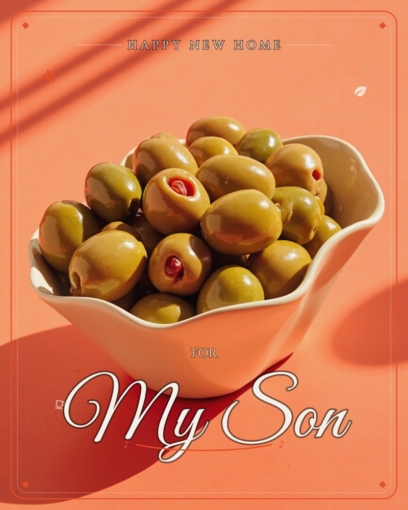 A white scalloped-edge bowl is piled high with glossy green olives, some stuffed with red pimento, sitting on a bold coral-orange background, a new home e-card design