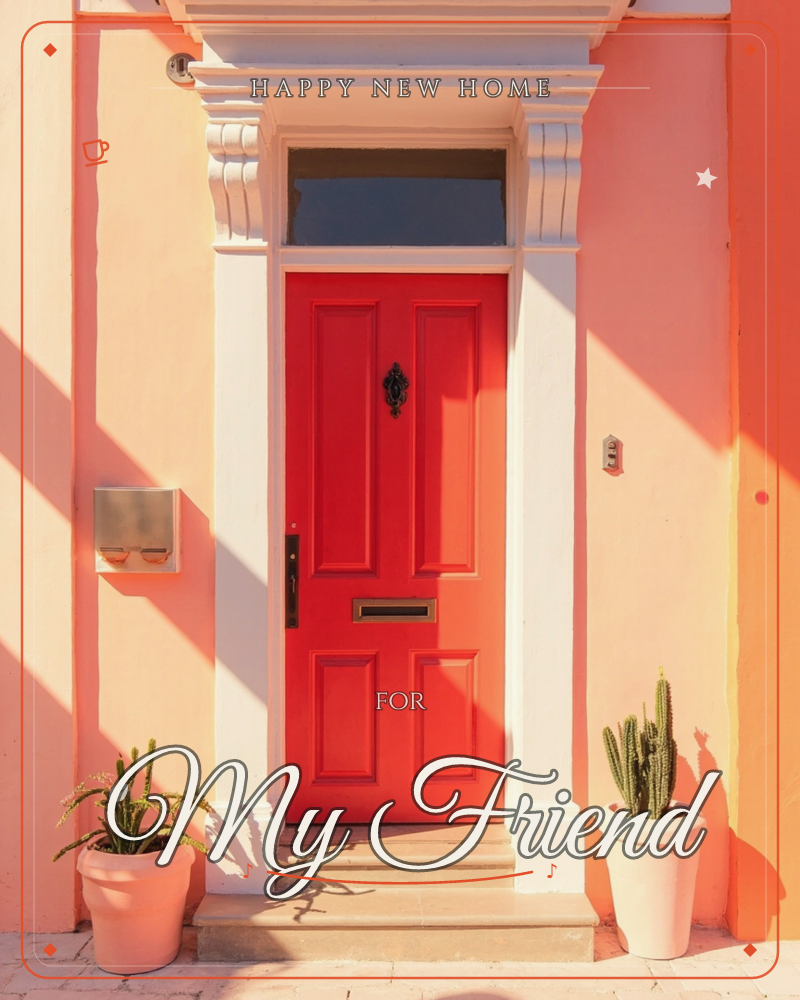 A bright red front door sits framed in white trim against a peach-pink painted house, warm late-day sunlight cutting sharp diagonal shadows across the…, a new home e-card design