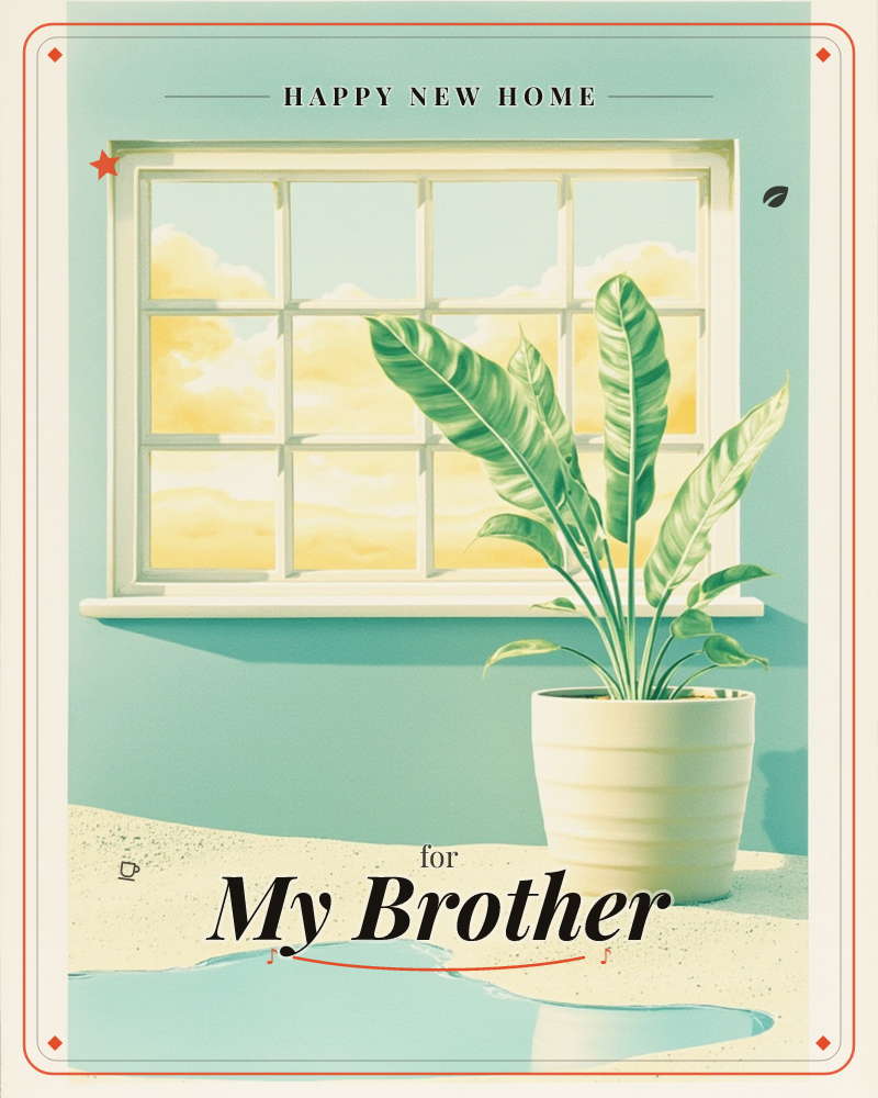 A potted leafy plant sits on a sandy floor beside a white-framed window, beyond which golden clouds drift across a pale sky, a new home e-card design
