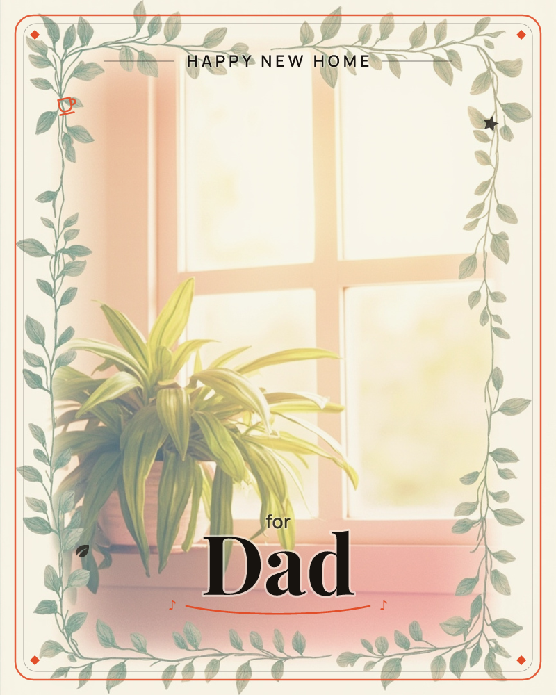 A sunlit windowsill holds a potted plant with long arching leaves, glowing gently against panes of soft, hazy light, a new home e-card design