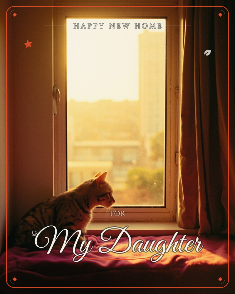A tabby cat sits on a windowsill cushion, gazing out at a city skyline bathed in golden late-afternoon light, a new home e-card design